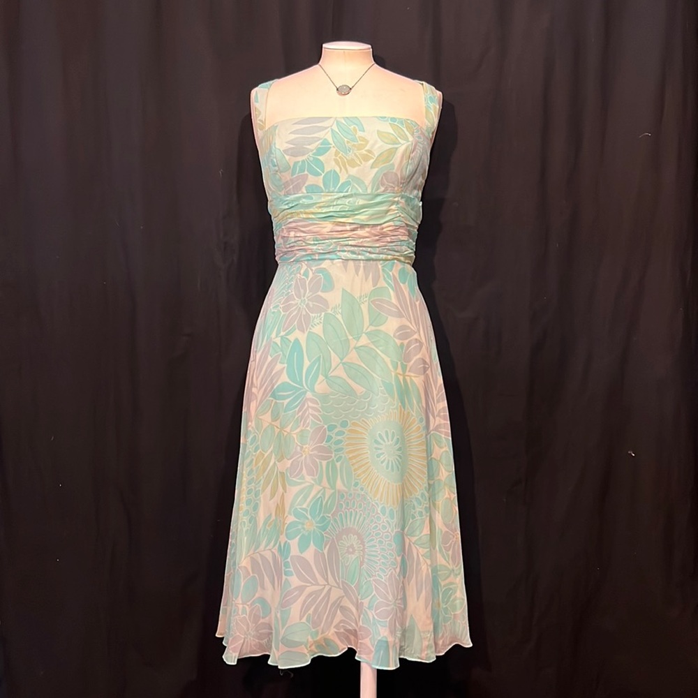 Maggy London turquoise/aqua floral silk empire/ruched waist halter dress-NWT